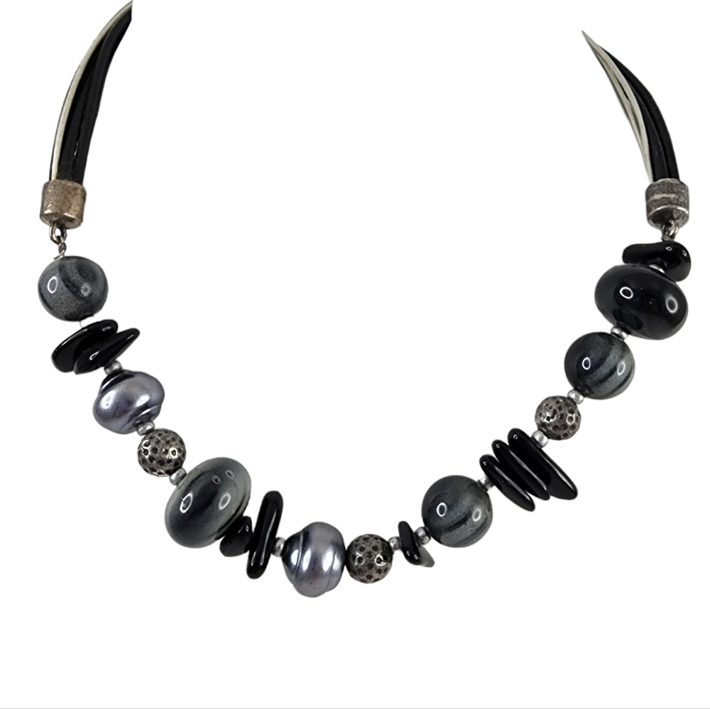 Chico's necklace polished stones chunky necklace gray black silver tone